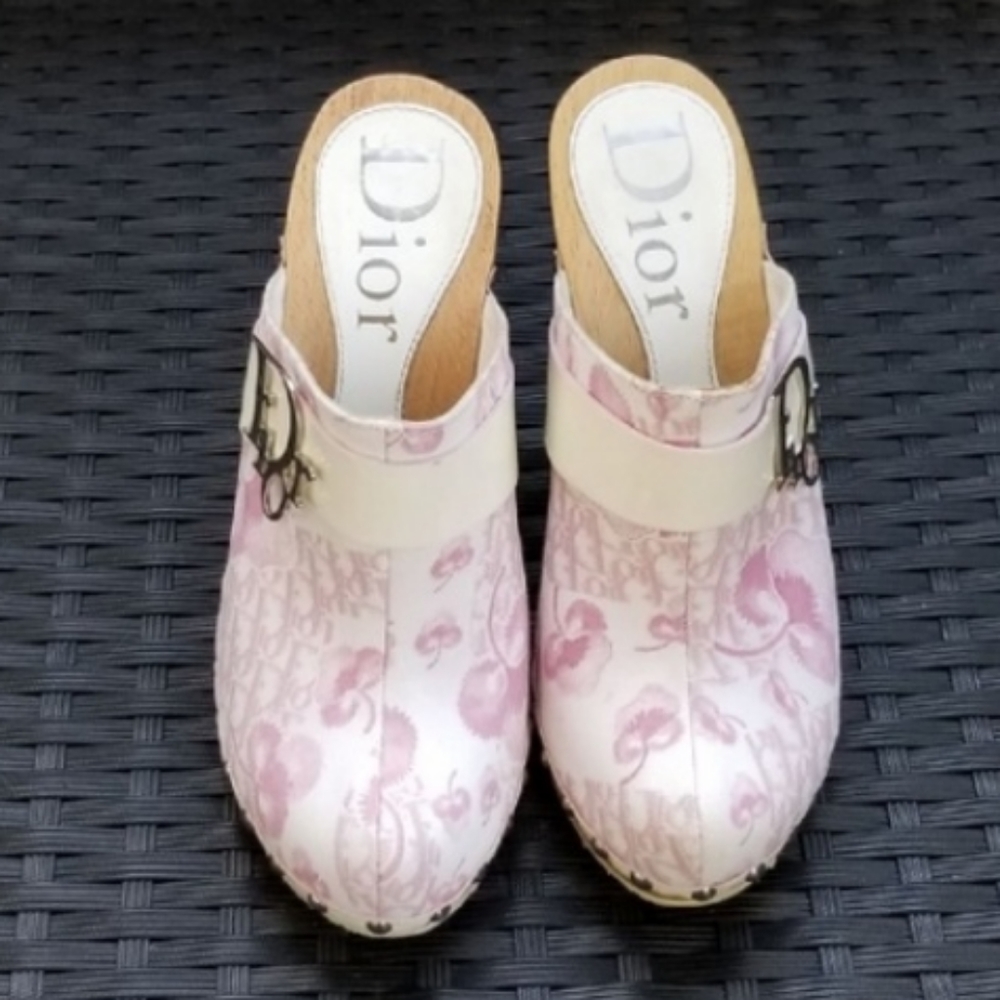 Dior Pink Floral Canvas Studded Wood-Heel Clogs - Picture 5 of 9